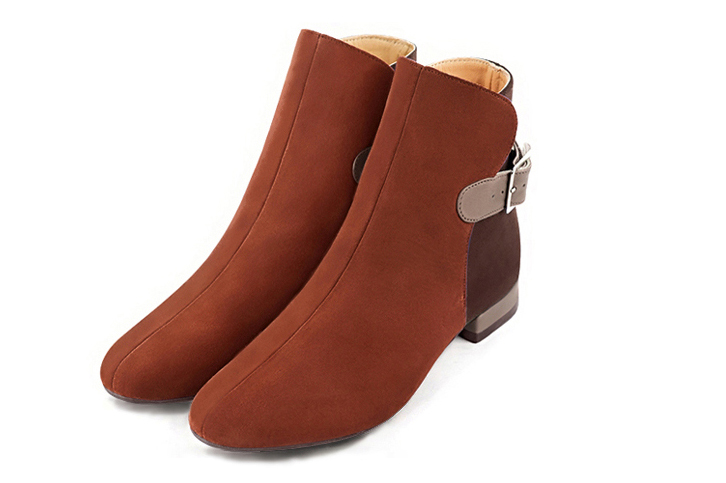 Terracotta orange, dark brown and bronze beige women's ankle boots with buckles at the back. Round toe. Flat block heels. Front view - Florence KOOIJMAN